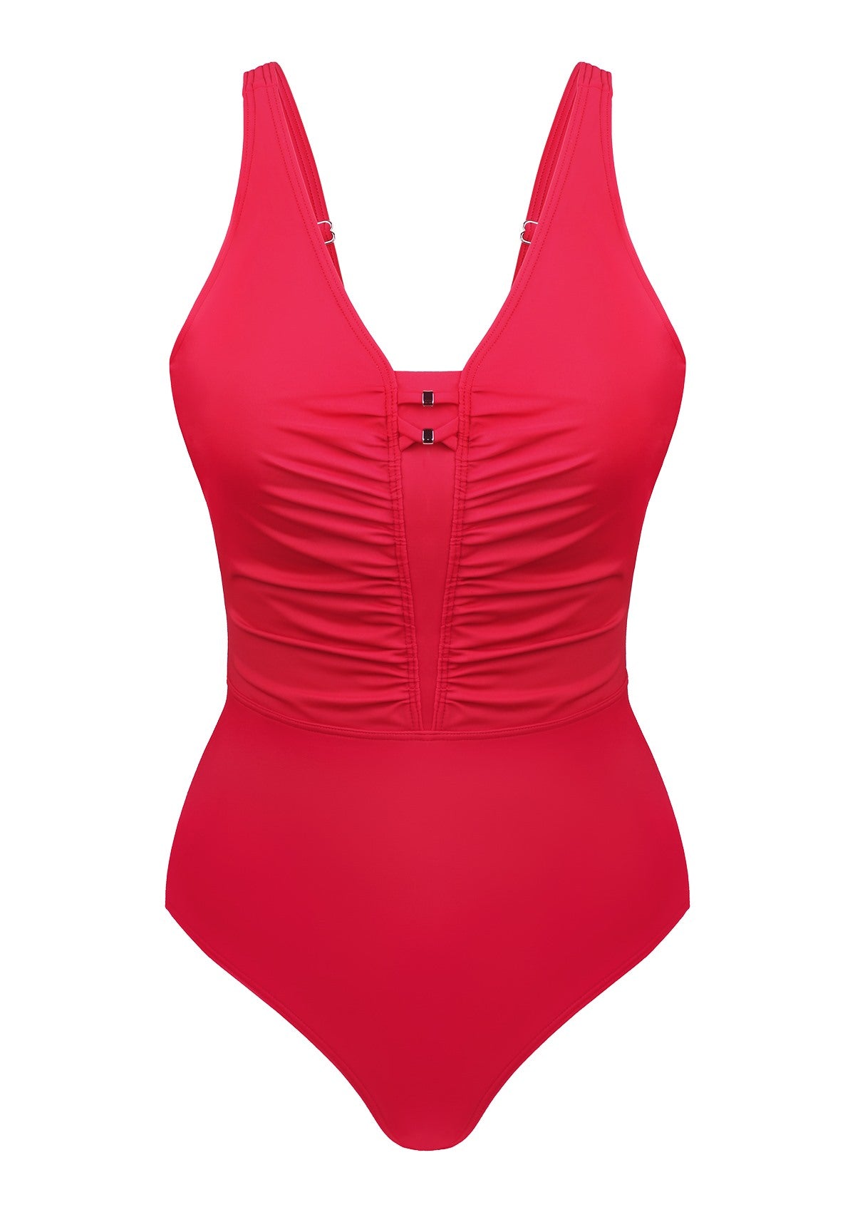 V-Neck Shirred One-Piece Swimwear - Crimson Tide / 3XL