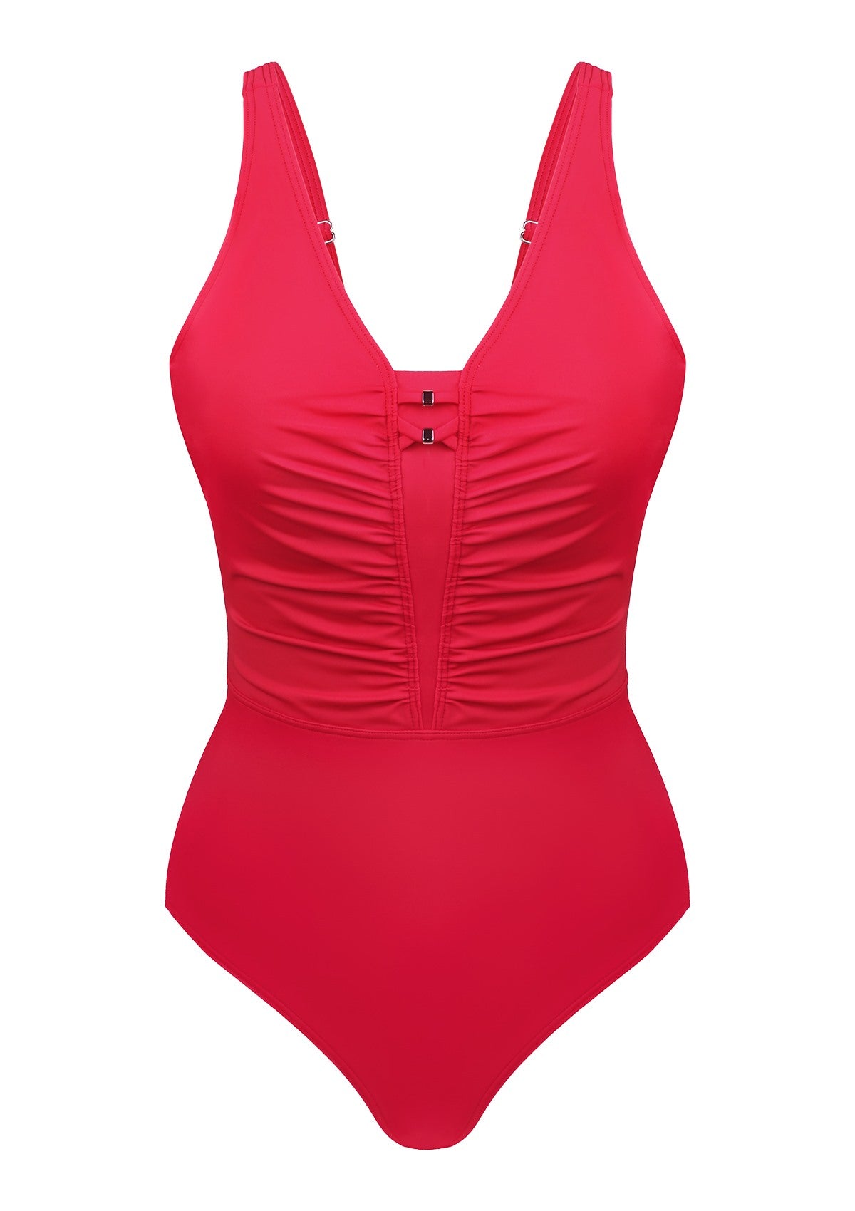 V-Neck Shirred One-Piece Swimwear - Crimson Tide / L