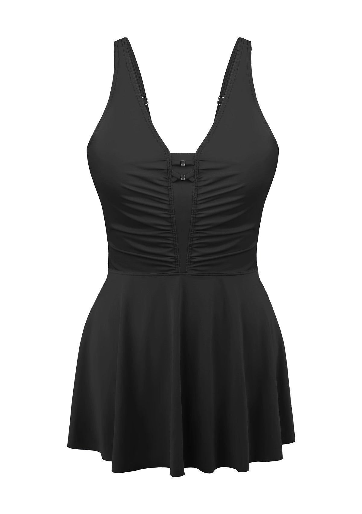 V-neck Shirred One-piece Swimdress - Black / 3XL