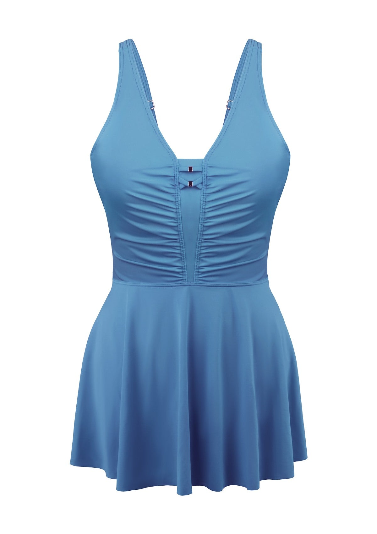 V-neck Shirred One-piece Swimdress - Aqua Breeze / XL