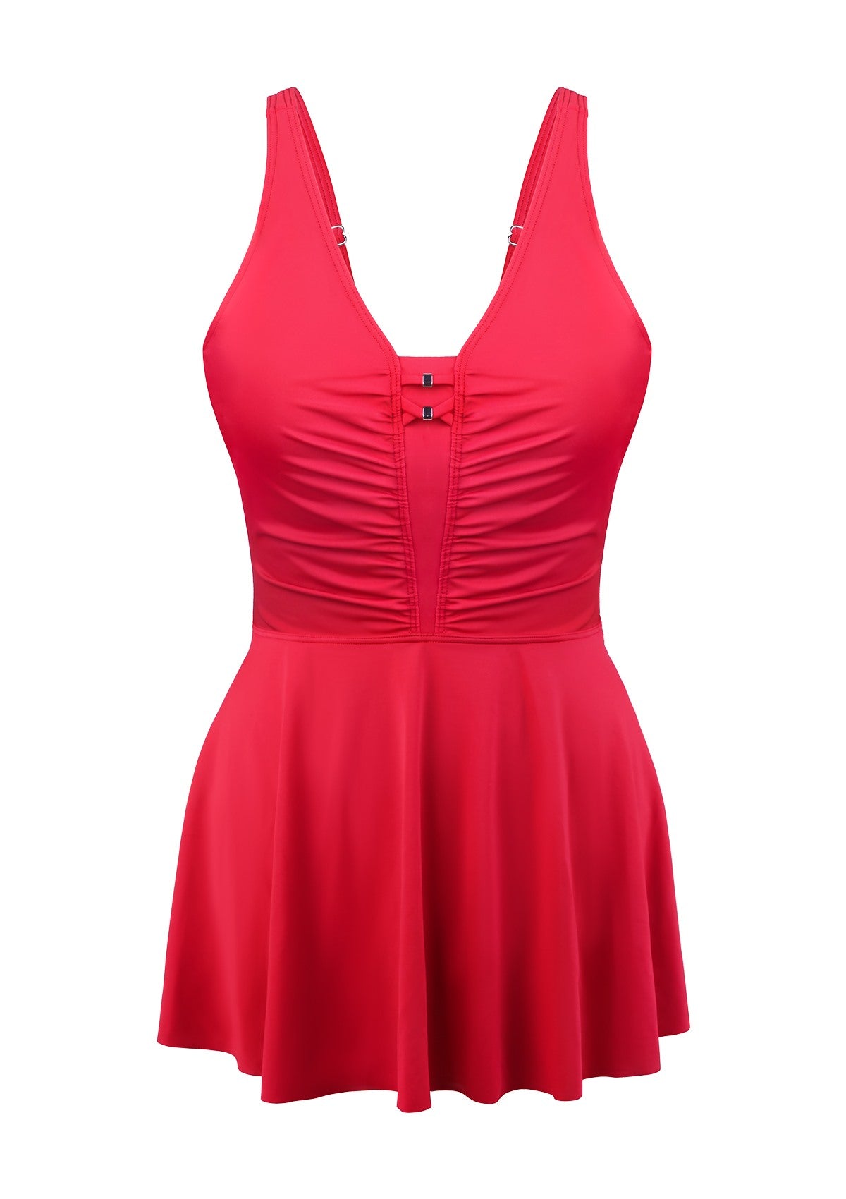 V-neck Shirred One-piece Swimdress - Crimson Tide / 3XL