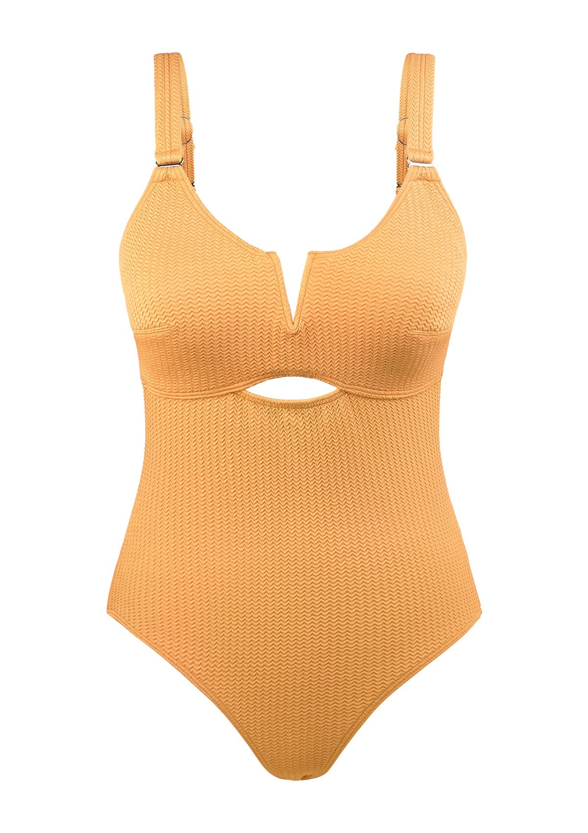V-wire Plunge Textured One-piece Cutout Swimsuit - L / Peachy Sunrise