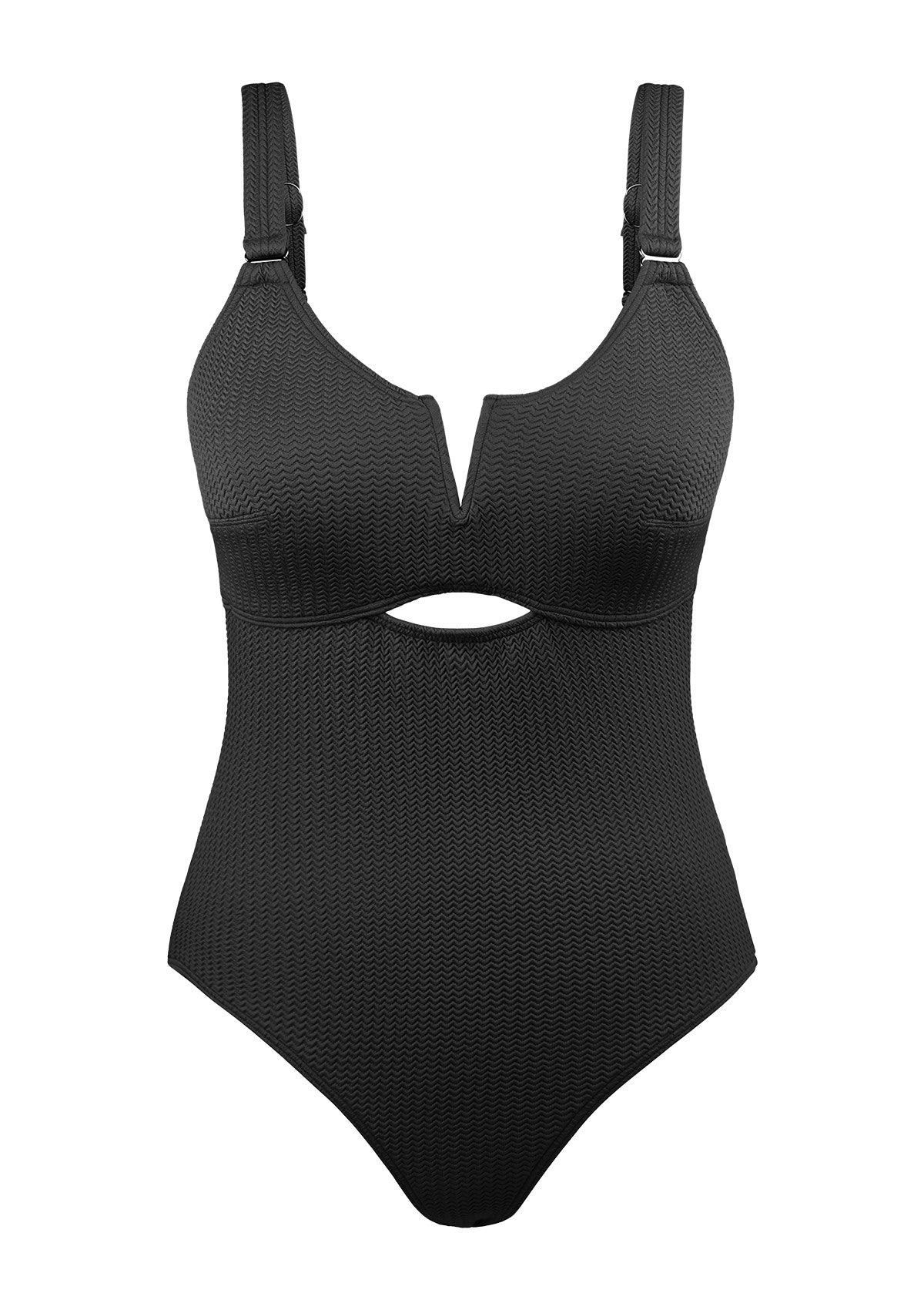 V-wire Plunge Textured One-piece Cutout Swimsuit - 4XL / Black