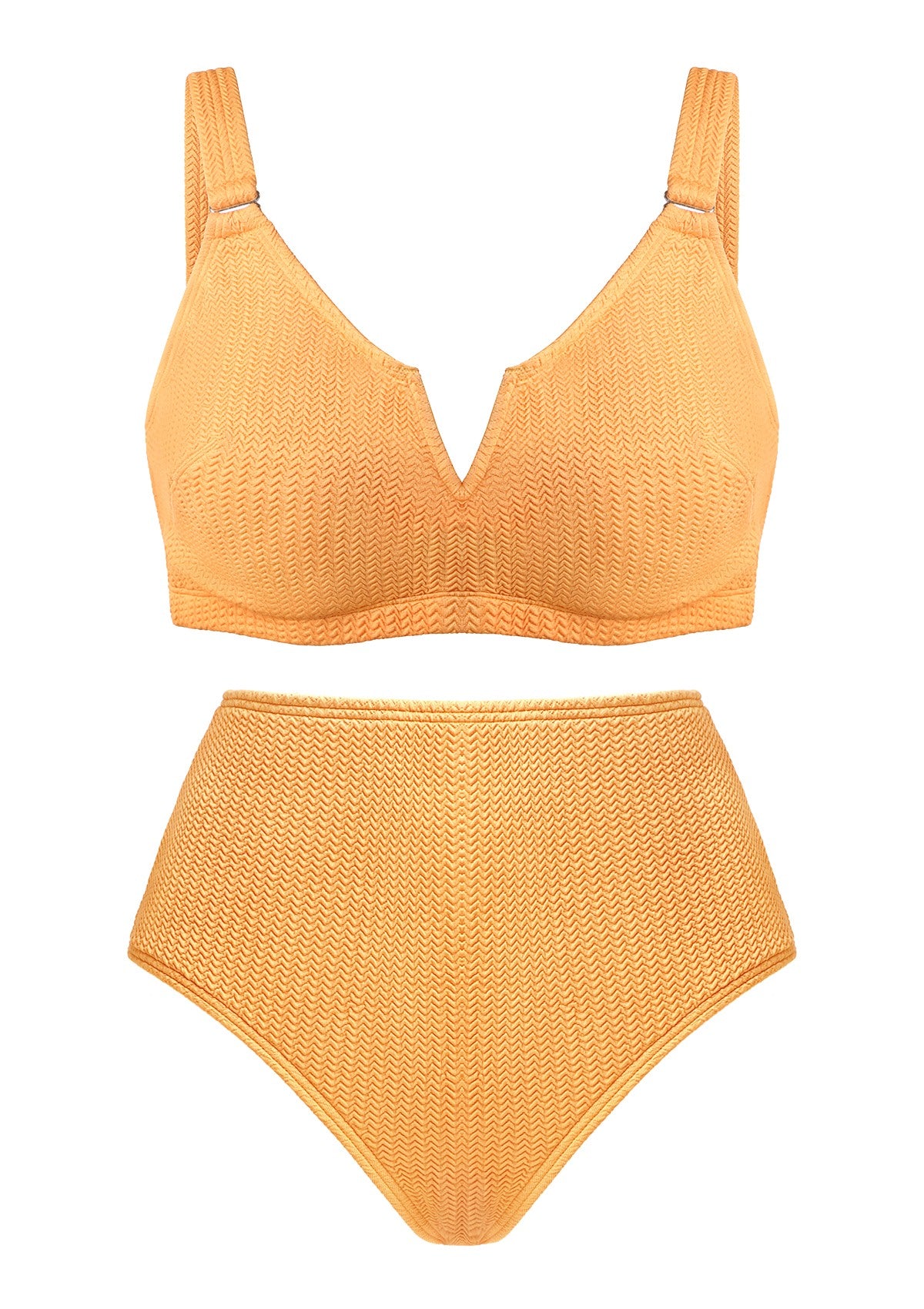 V-wire Plunge Textured Two-piece Bikini Set - 3XL / Peachy Sunrise