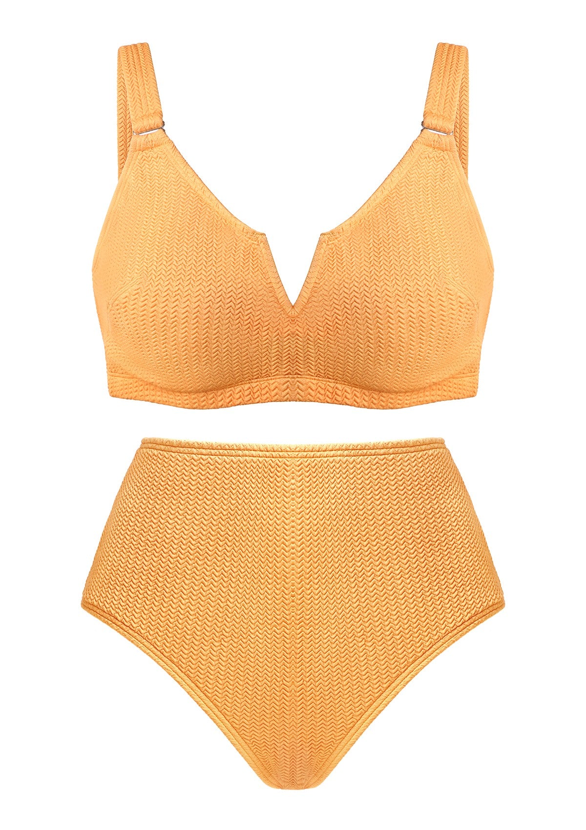 V-wire Plunge Textured Two-piece Bikini Set - L / Peachy Sunrise