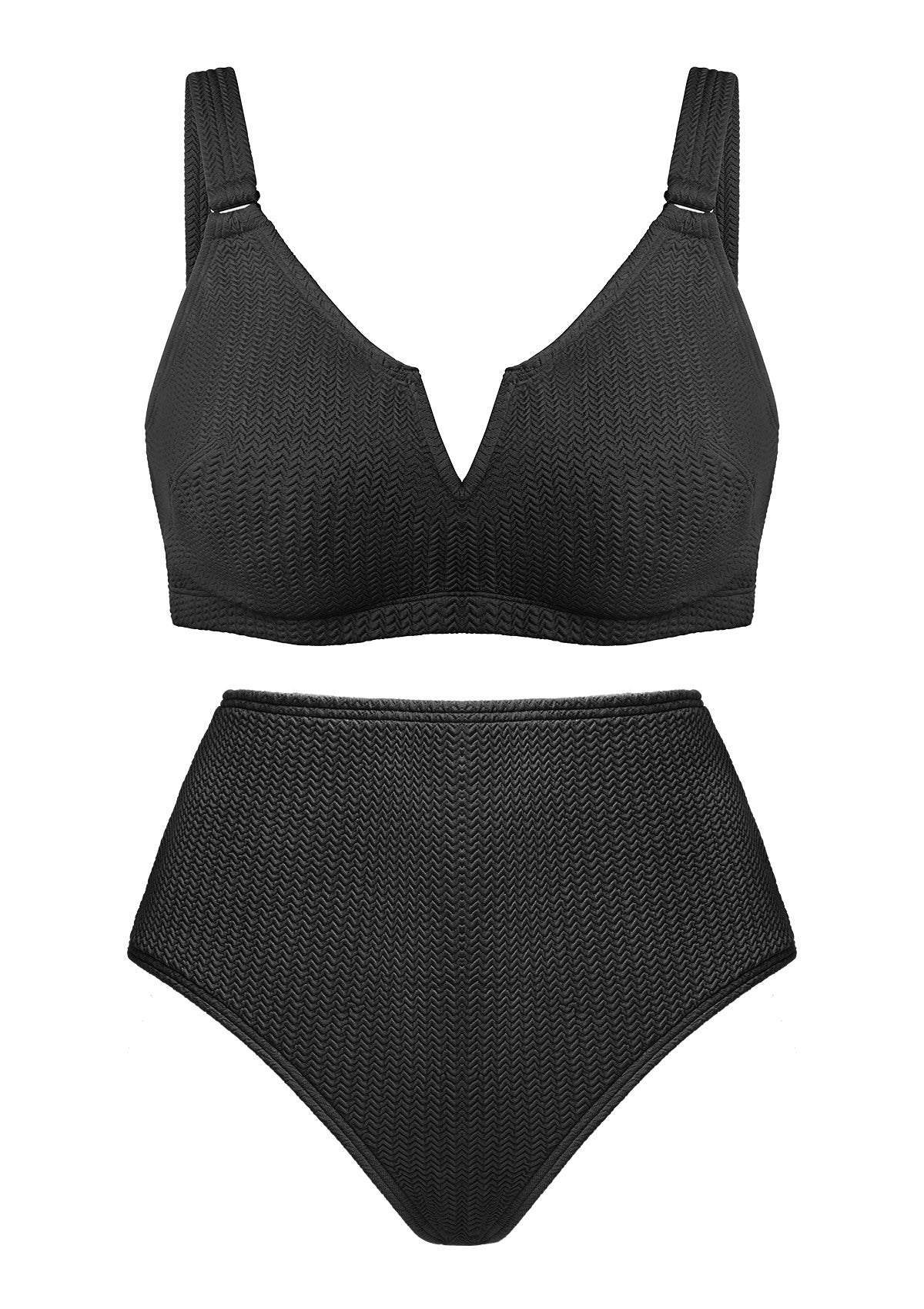 V-wire Plunge Textured Two-piece Bikini Set - L / Black