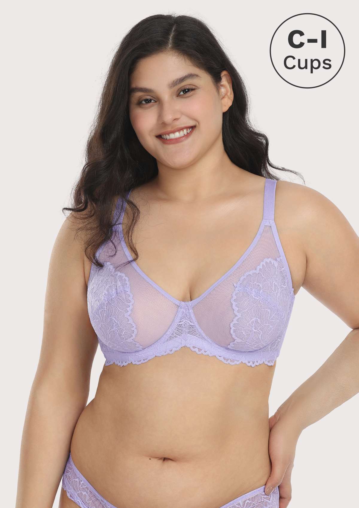 HSIA Blossom Transparent Lace Bra: Plus Size Wired Back Smoothing Bra - Light Purple / 44 / C
