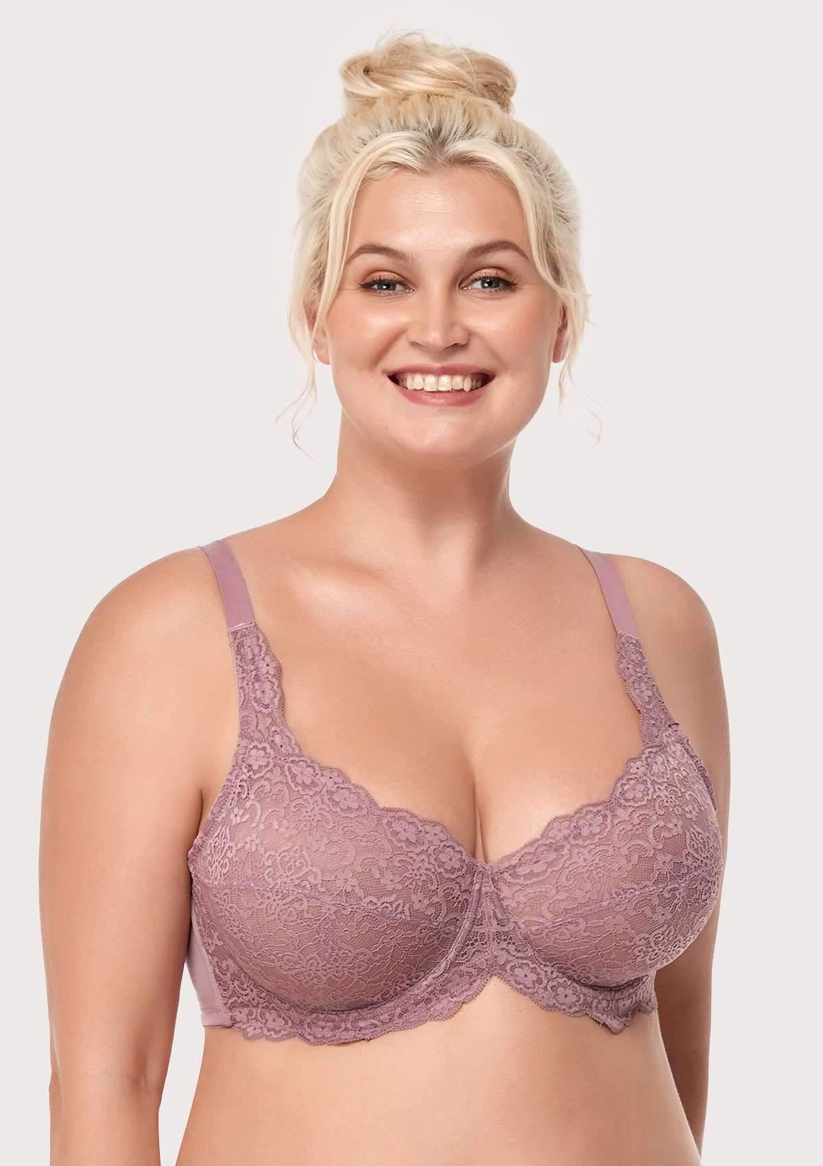 HSIA All-Over Floral Lace Unlined Bra: Minimizer Bra For Heavy Breasts - Purple / 42 / D