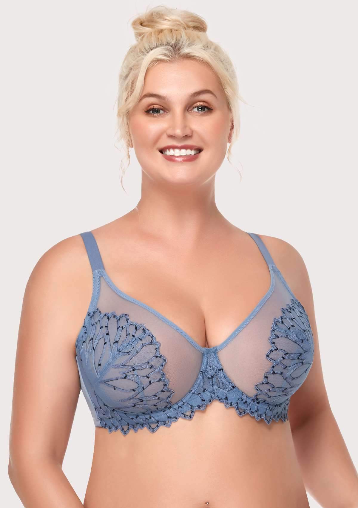 HSIA Chrysanthemum Plus Size Lace Bra: Back Support Bra For Posture - Blue / 32 / D