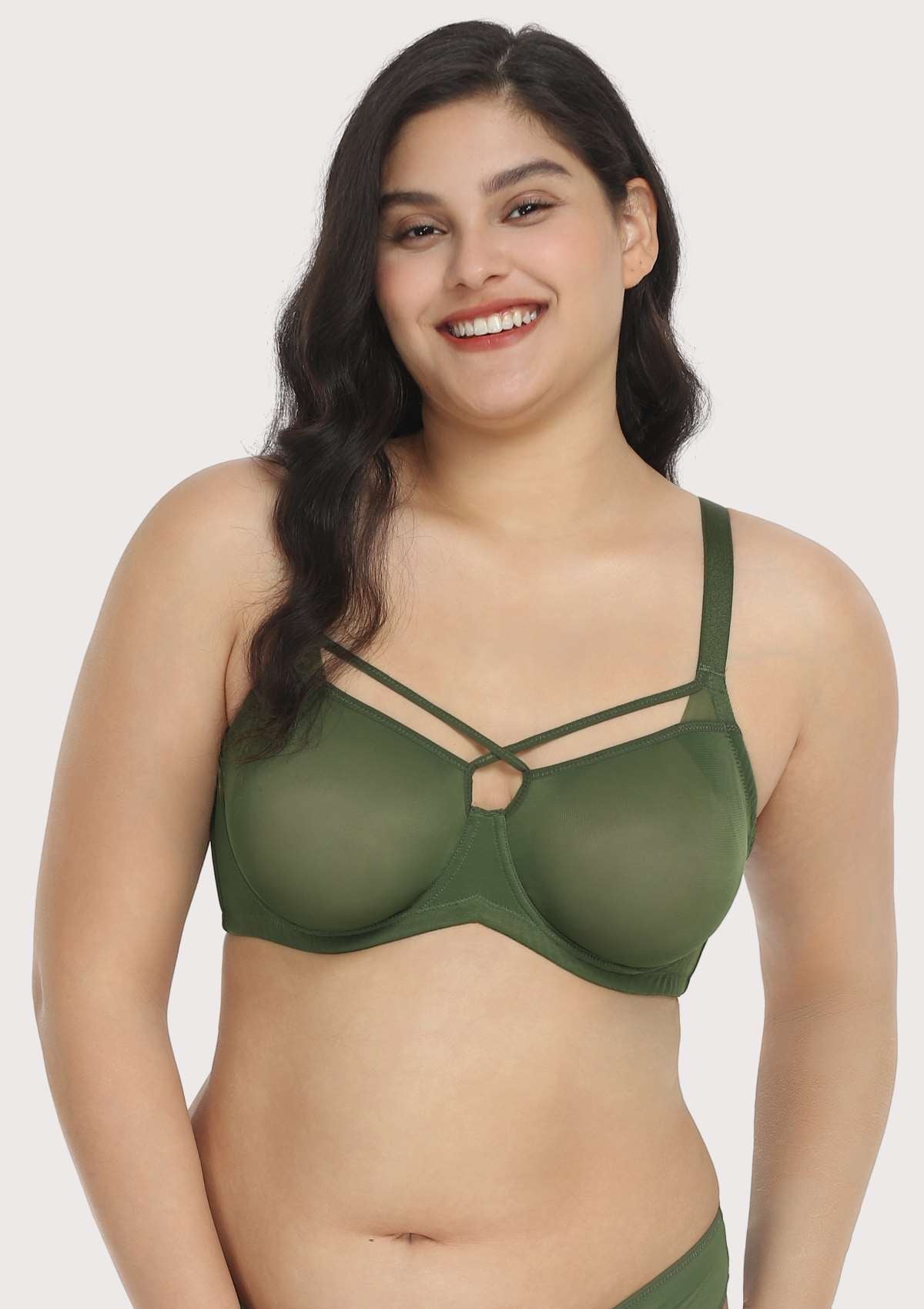 HSIA Billie Cross Front Strap Smooth Sheer Mesh Comfy Underwire Bra - Dark Green / 34 / D