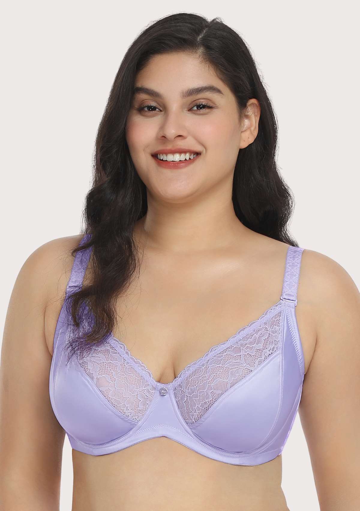 HSIA Foxy Satin Smooth Floral Lace Full Coverage Underwire Bra Set - Purple / 34 / D