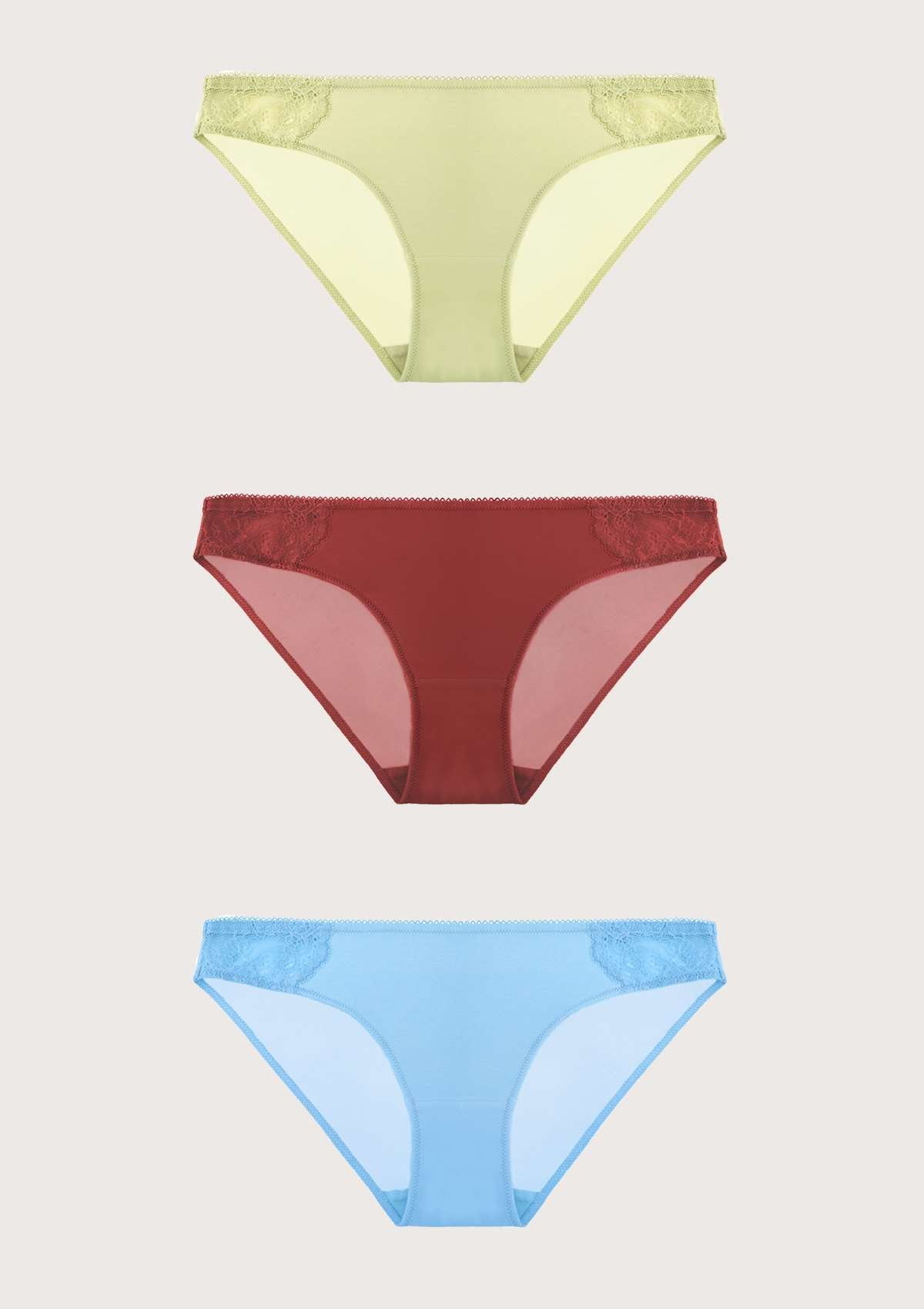 HSIA Soft Stretch Lace Bikini Panties 3 Pack - S / Light Green+Crimson+Light Blue