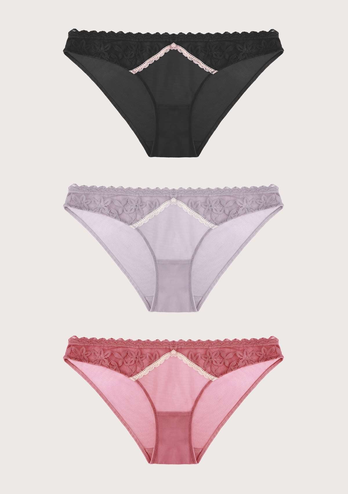 HSIA Contrast Color Bikini Panties 3 Pack - L / Black+Purple+Pink