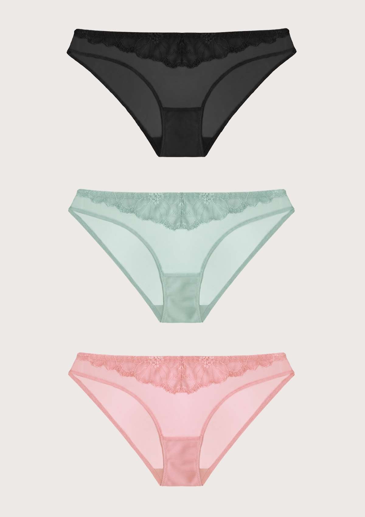 HSIA Alluring Mesh Lace Bikini Panties 3 Pack - L / Black+Jadeite+Light Coral