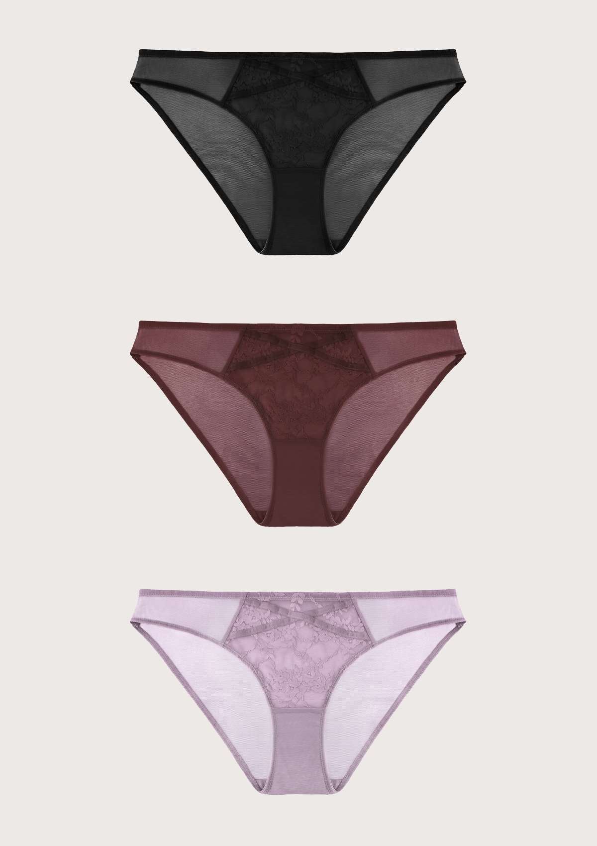 HSIA Elegant Mid-rise Lace Front Bikini Panties 3 Pack - M / Black+Dark Red+Purple
