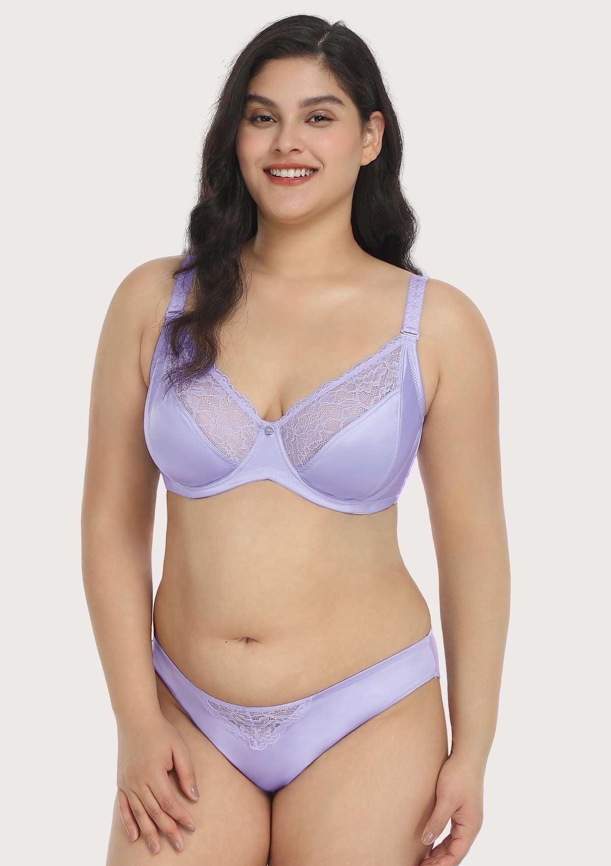 HSIA Foxy Satin Smooth Floral Lace Full Coverage Underwire Bra Set - Purple / 34 / DD/E