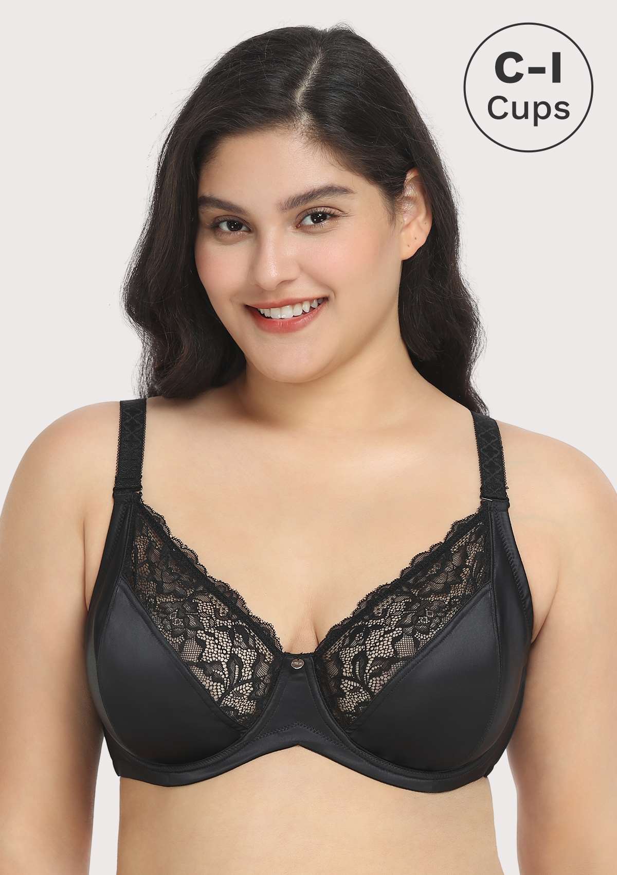 HSIA Foxy Satin Silky Full Coverage Underwire Bra With Floral Lace Trim - Black / 42 / H