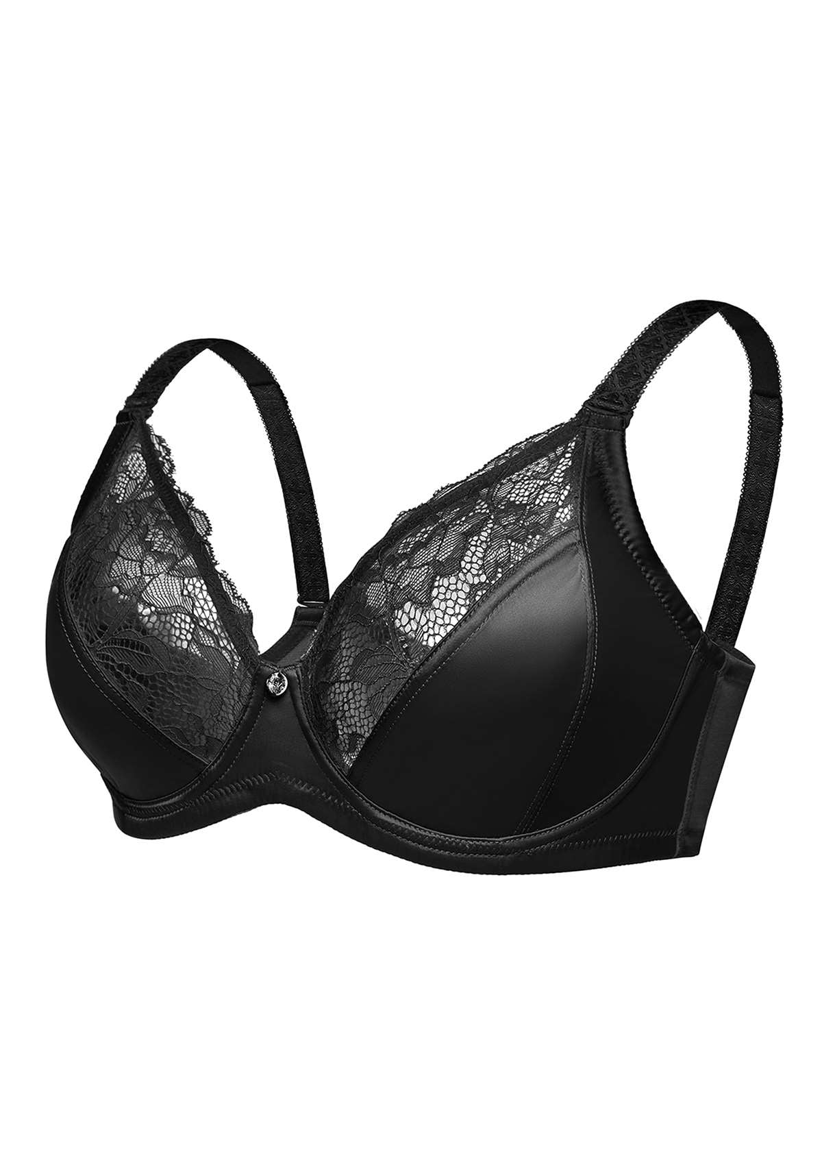 HSIA Foxy Satin Silky Full Coverage Underwire Bra With Floral Lace Trim - Black / 40 / D