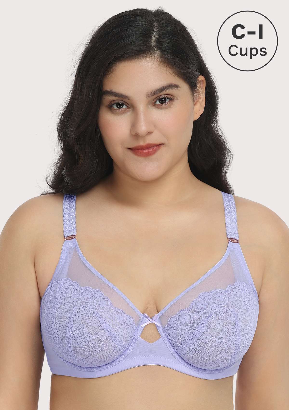 HSIA Nymphaea Cut-out Floral Lace Mesh Minimizer Bra - Purple / 34 / DDD/F