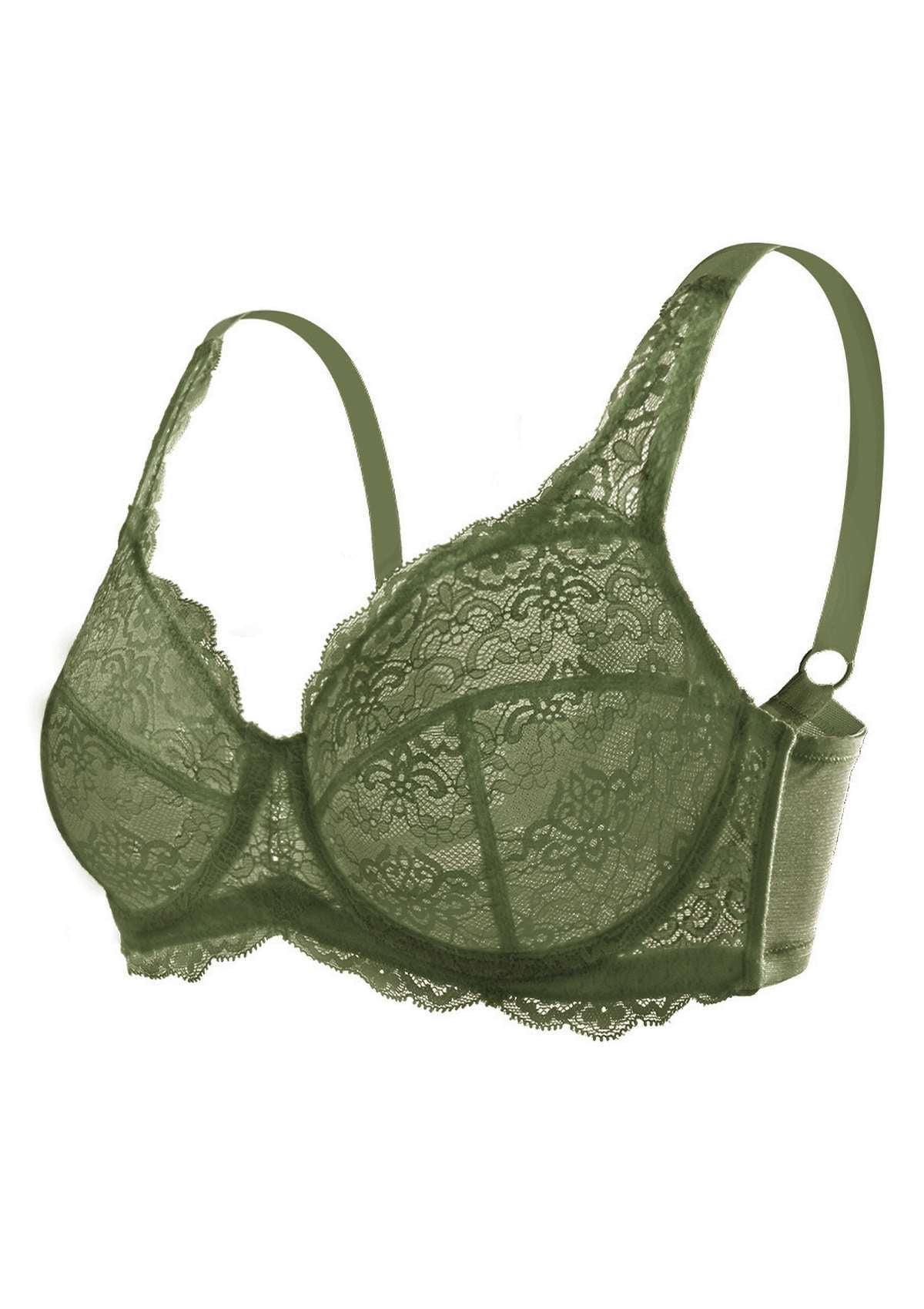 HSIA All-Over Floral Lace Unlined Bra: Minimizer Bra For Heavy Breasts - Dark Green / 36 / DDD/F