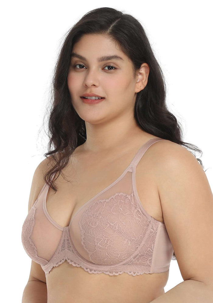 HSIA Blossom Plus Size Lace Bra - Wired, Unpadded, See-Through - Dark Pink / 40 / DDD/F