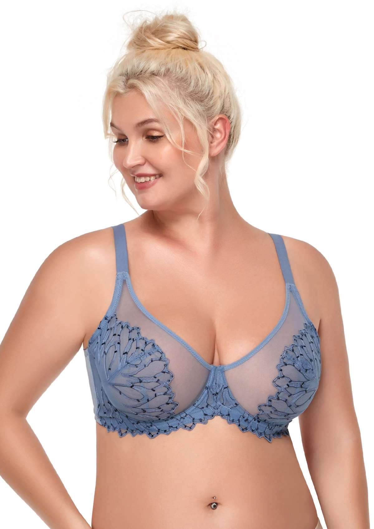 HSIA Chrysanthemum Plus Size Lace Bra: Back Support Bra For Posture - Blue / 34 / C
