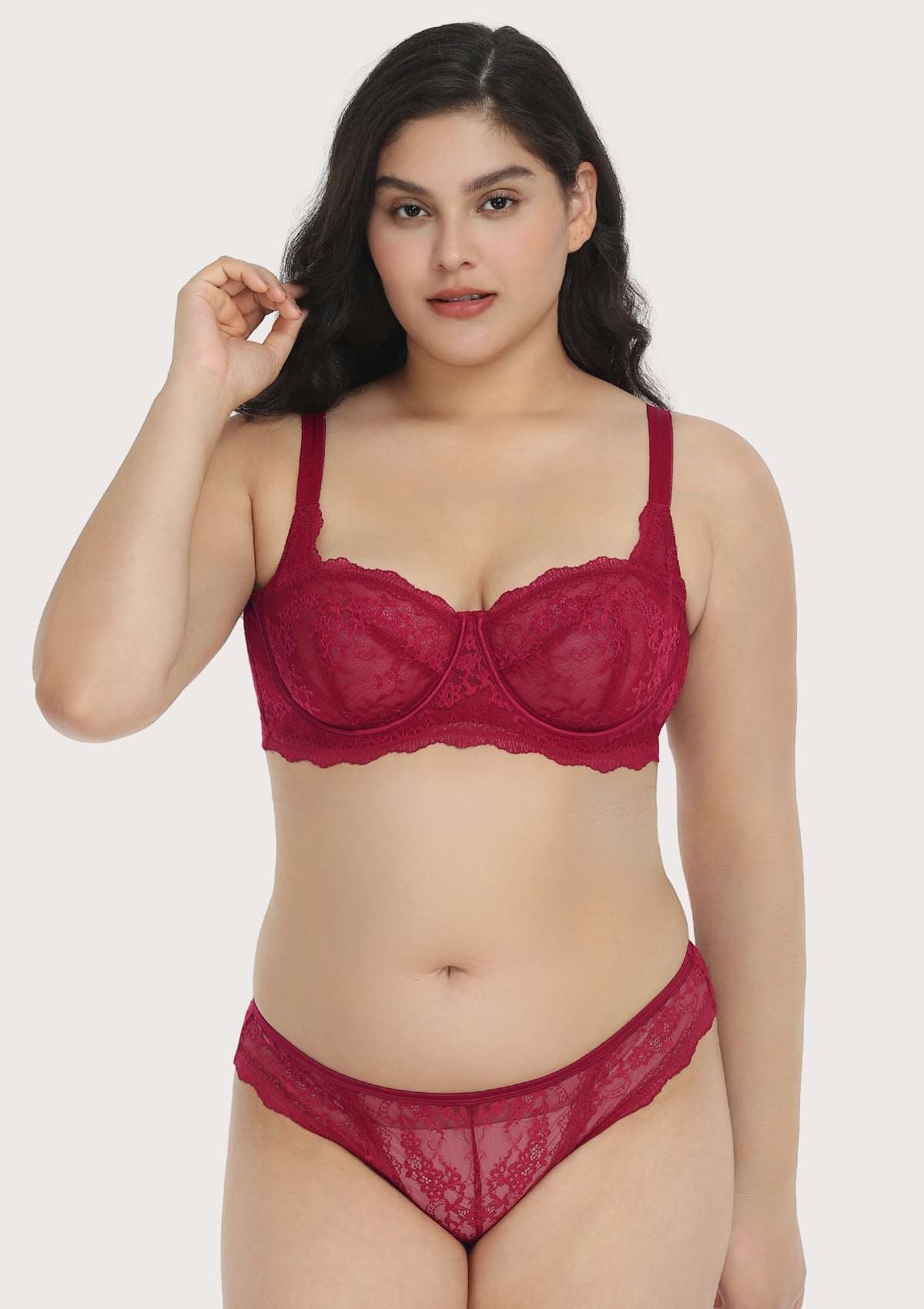 HSIA Floral Lace Unlined Bridal Balconette Bra Set - Supportive Classic - Burgundy / 34 / DDD/F