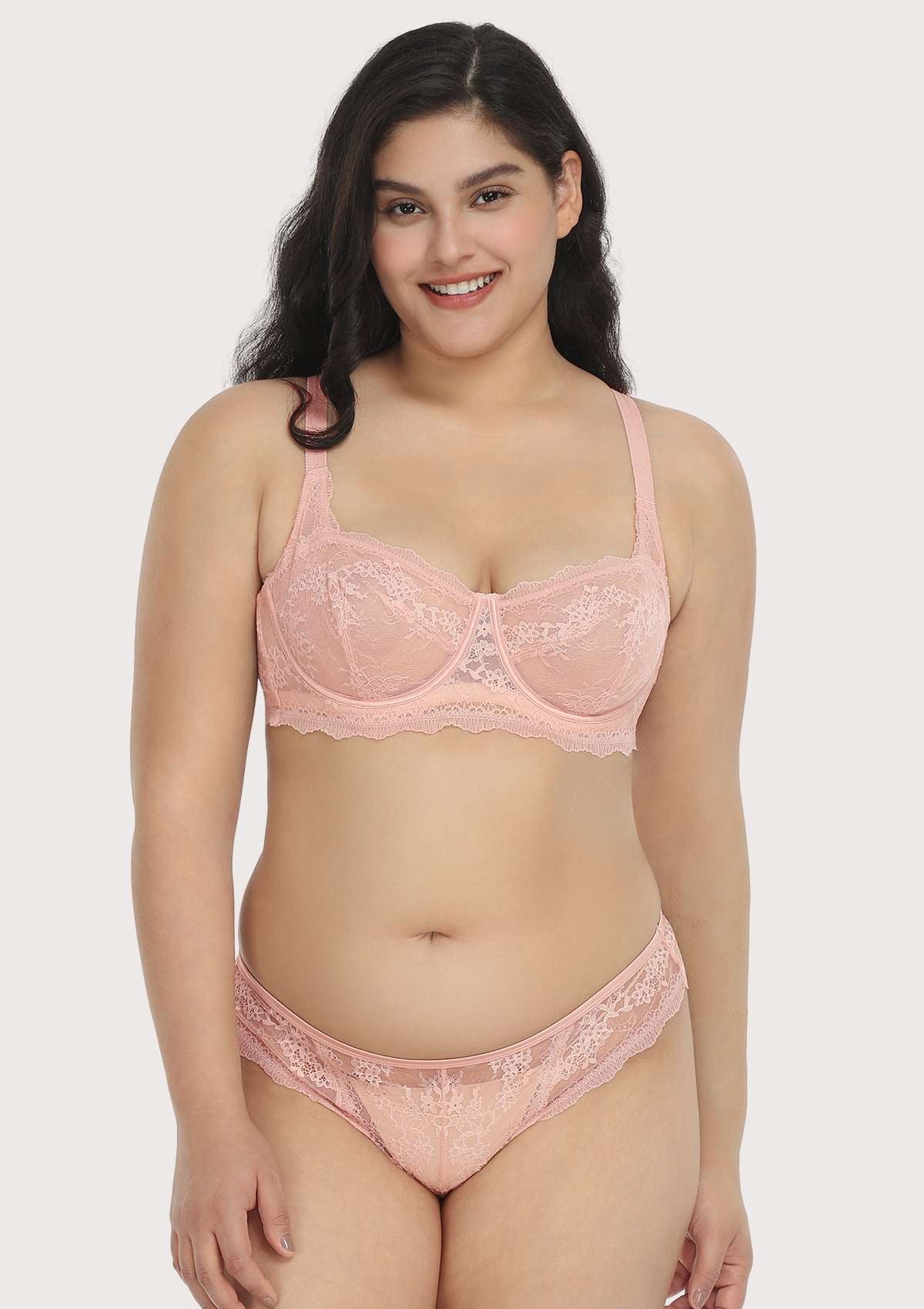 HSIA Floral Lace Unlined Bridal Balconette Delicate Bra Panty Set - Pink / 42 / DDD/F