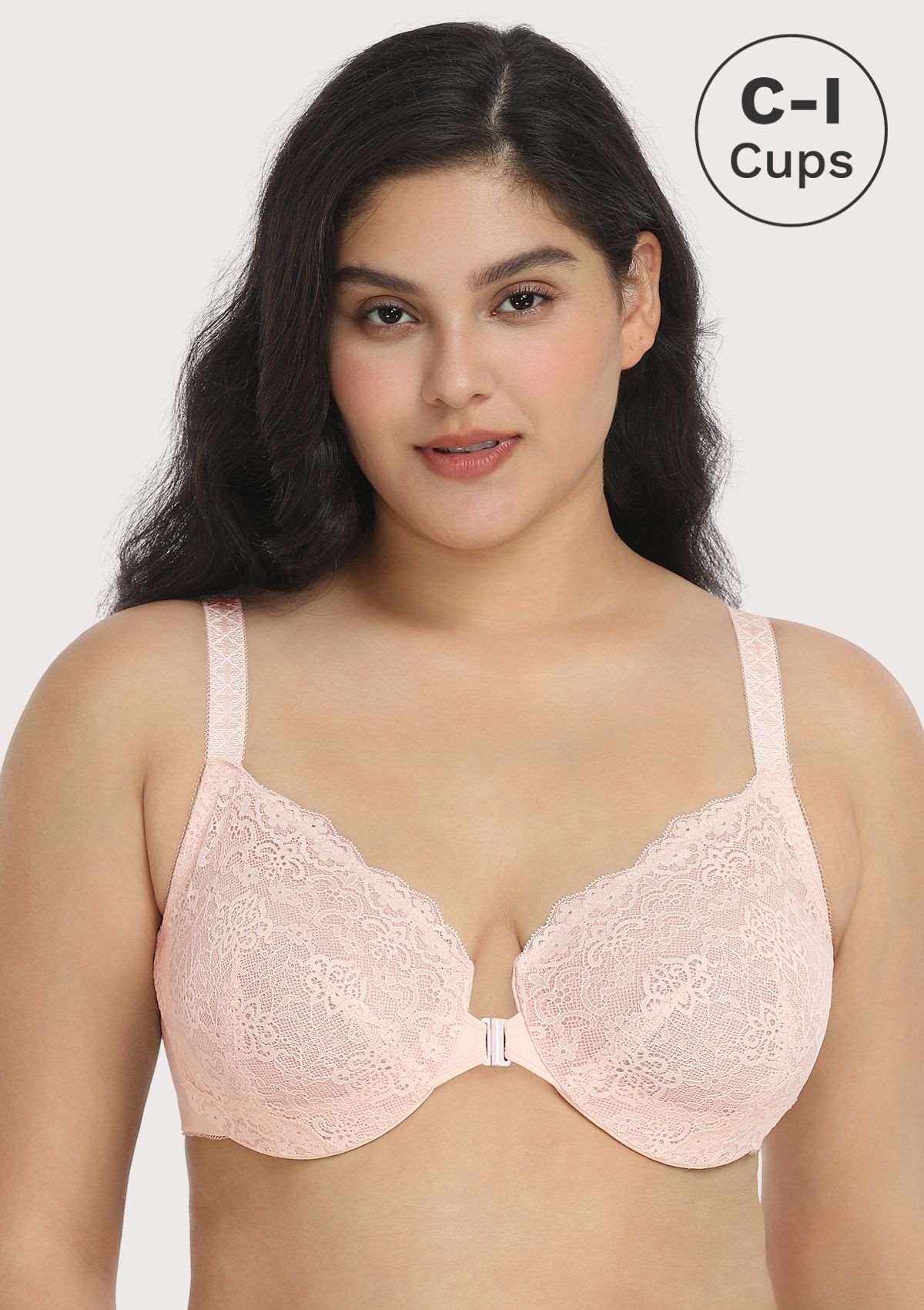 HSIA Nymphaea Easy-to-wear Front-Close Lace Unlined Underwire Bra - Dusty Peach / 44 / D