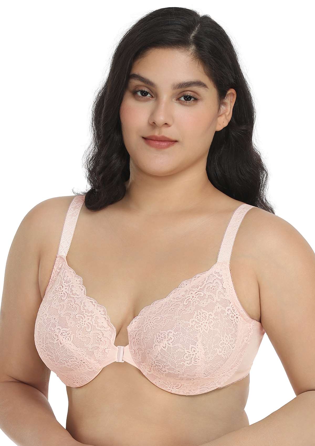 HSIA Nymphaea Easy-to-wear Front-Close Lace Unlined Underwire Bra - Dusty Peach / 34 / DD/E