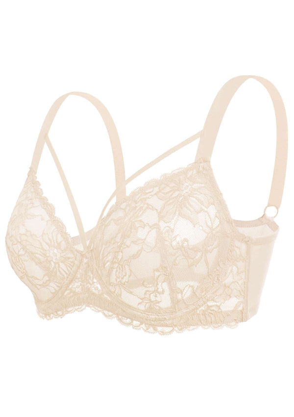 HSIA Pretty In Petals Lace Bra And Panty Set: Comfortable Support Bra - Beige Cream / 46 / DD/E