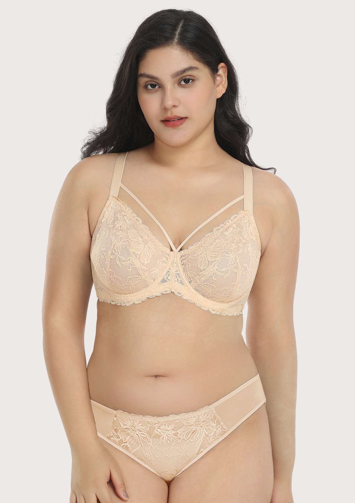 HSIA Pretty In Petals Lace Bra And Panty Set: Comfortable Support Bra - Beige Cream / 42 / DDD/F