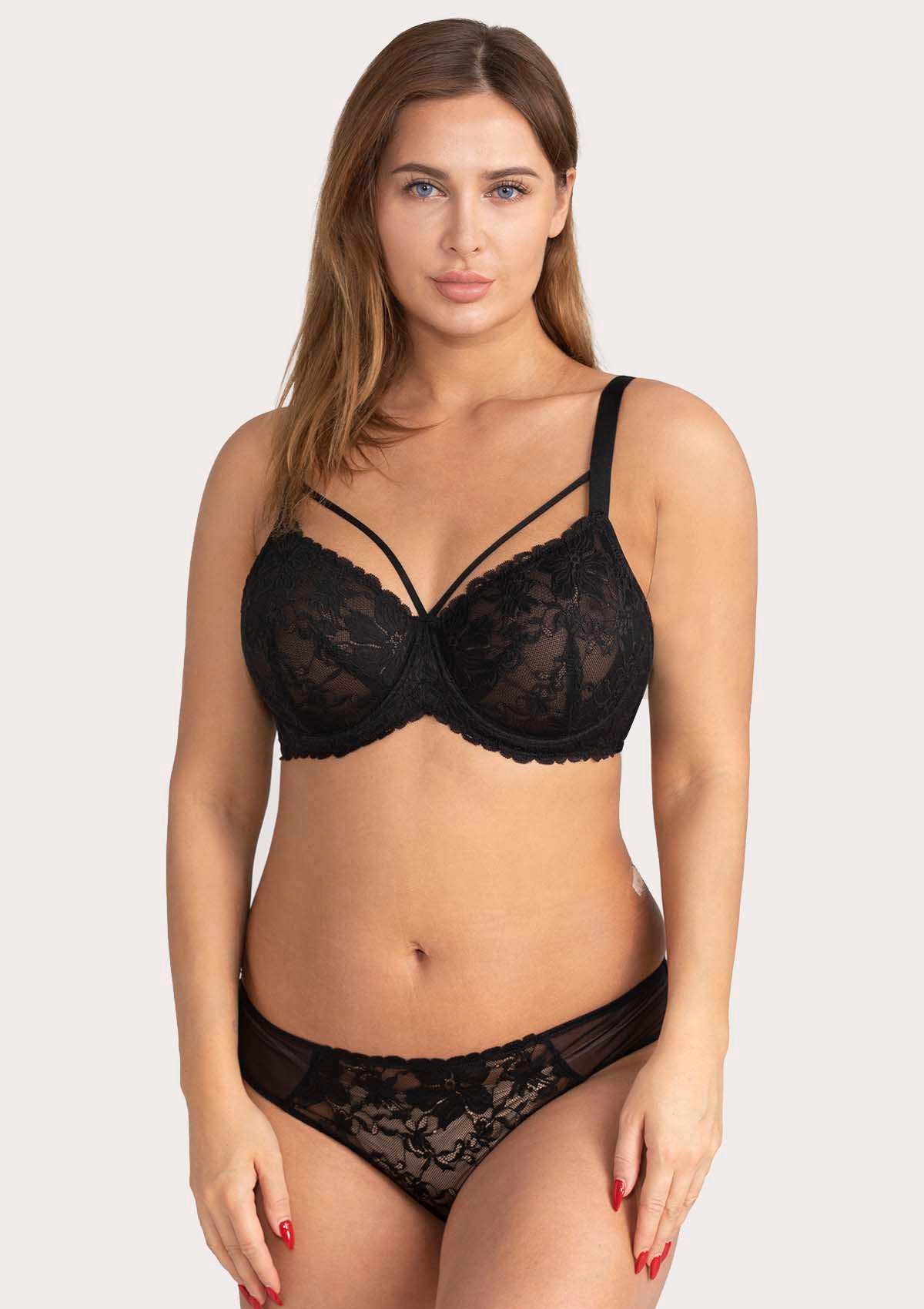 HSIA Pretty In Petals Lace Bra And Panty Set: Non Padded Wired Bra - Black / 34 / DD/E