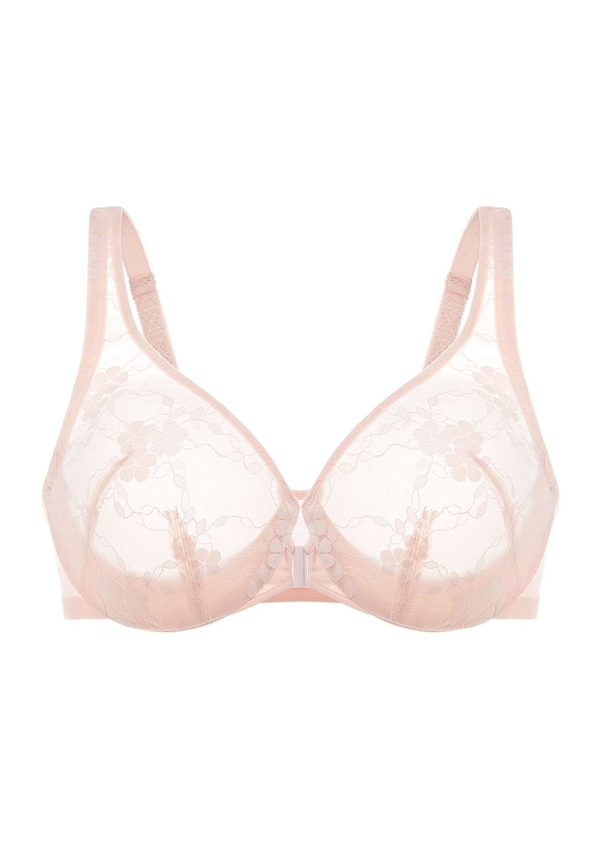 HSIA Spring Romance Front-Close Floral Lace Unlined Full Coverage Bra - Dusty Peach / 34 / DDD/F