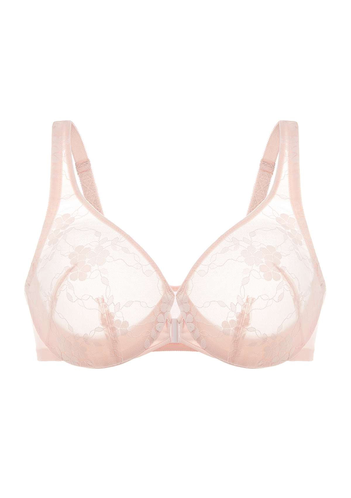 HSIA Spring Romance Front-Close Floral Lace Unlined Full Coverage Bra - Dusty Peach / 36 / H