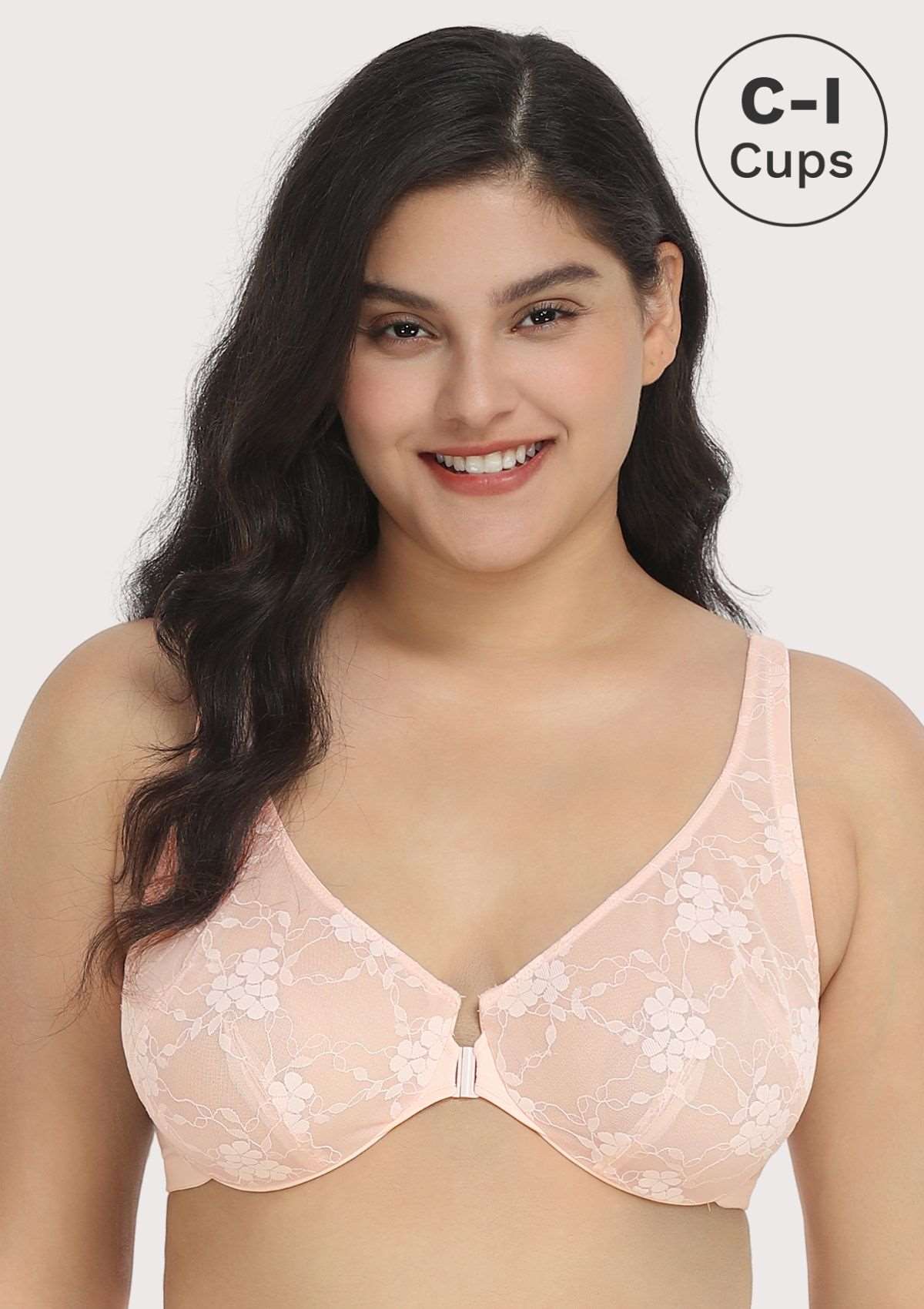 HSIA Spring Romance Front-Close Floral Lace Unlined Full Coverage Bra - Dusty Peach / 36 / H
