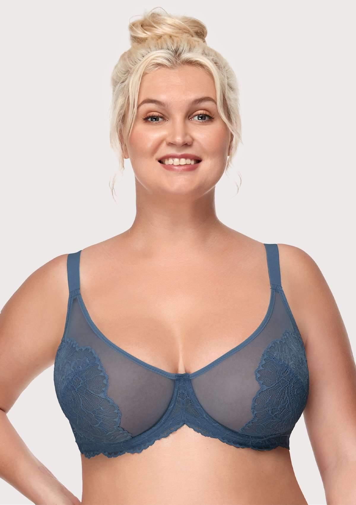 HSIA Blossom Full Figure See-Through Lace Bra For Side And Back Fat - Dark Blue / 34 / DDD/F