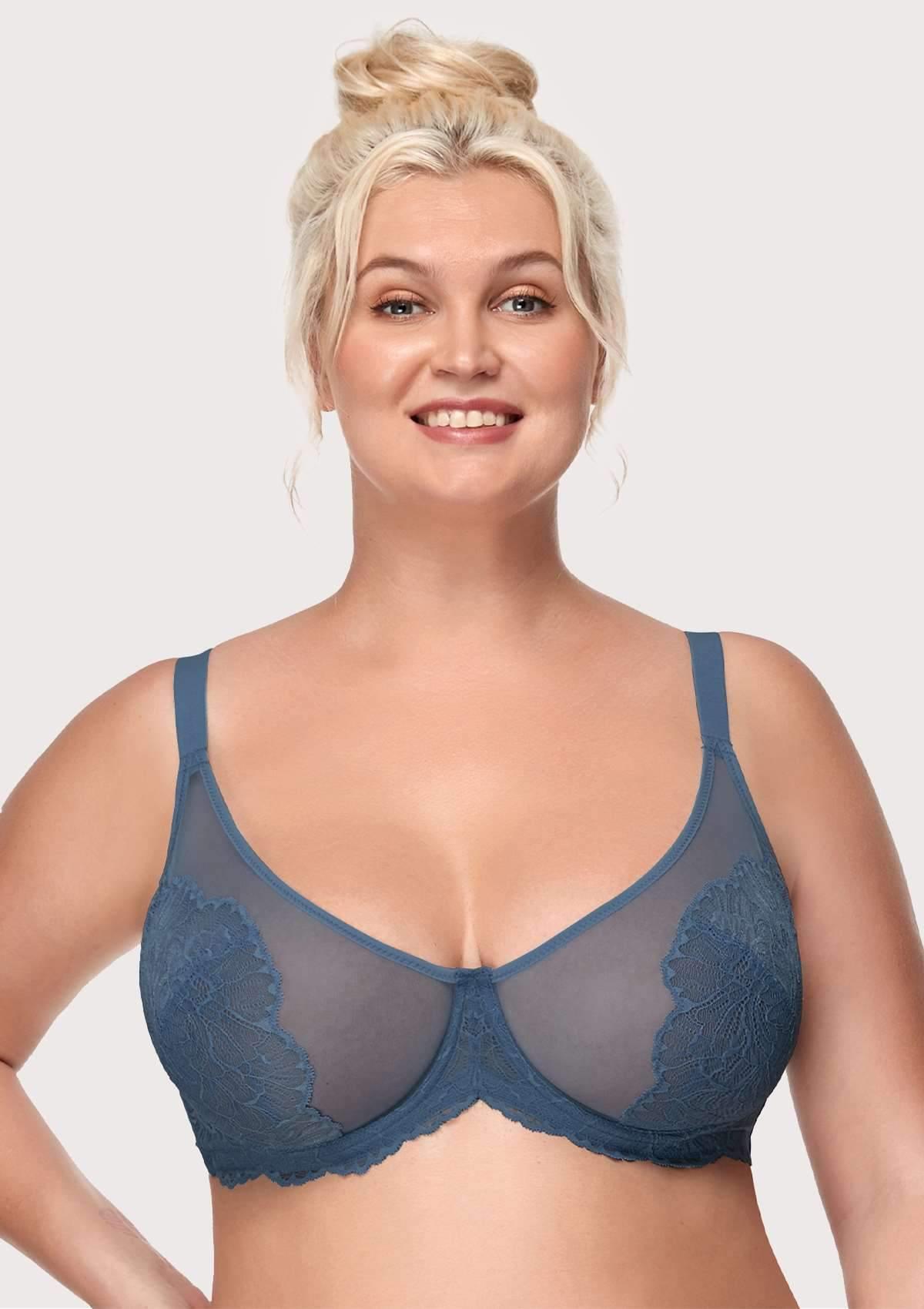 HSIA Blossom Full Figure See-Through Lace Bra For Side And Back Fat - Dark Blue / 40 / DD/E