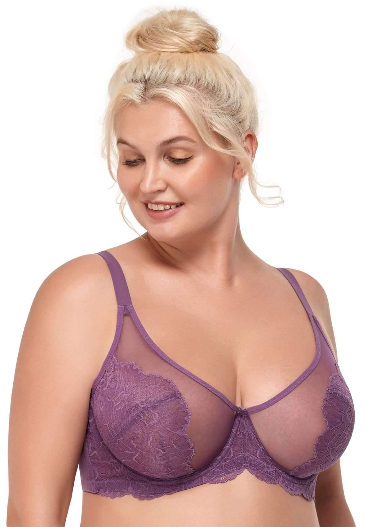 HSIA Blossom Transparent Lace Bra: Plus Size Wired Back Smoothing Bra - Purple / 36 / DDD/F