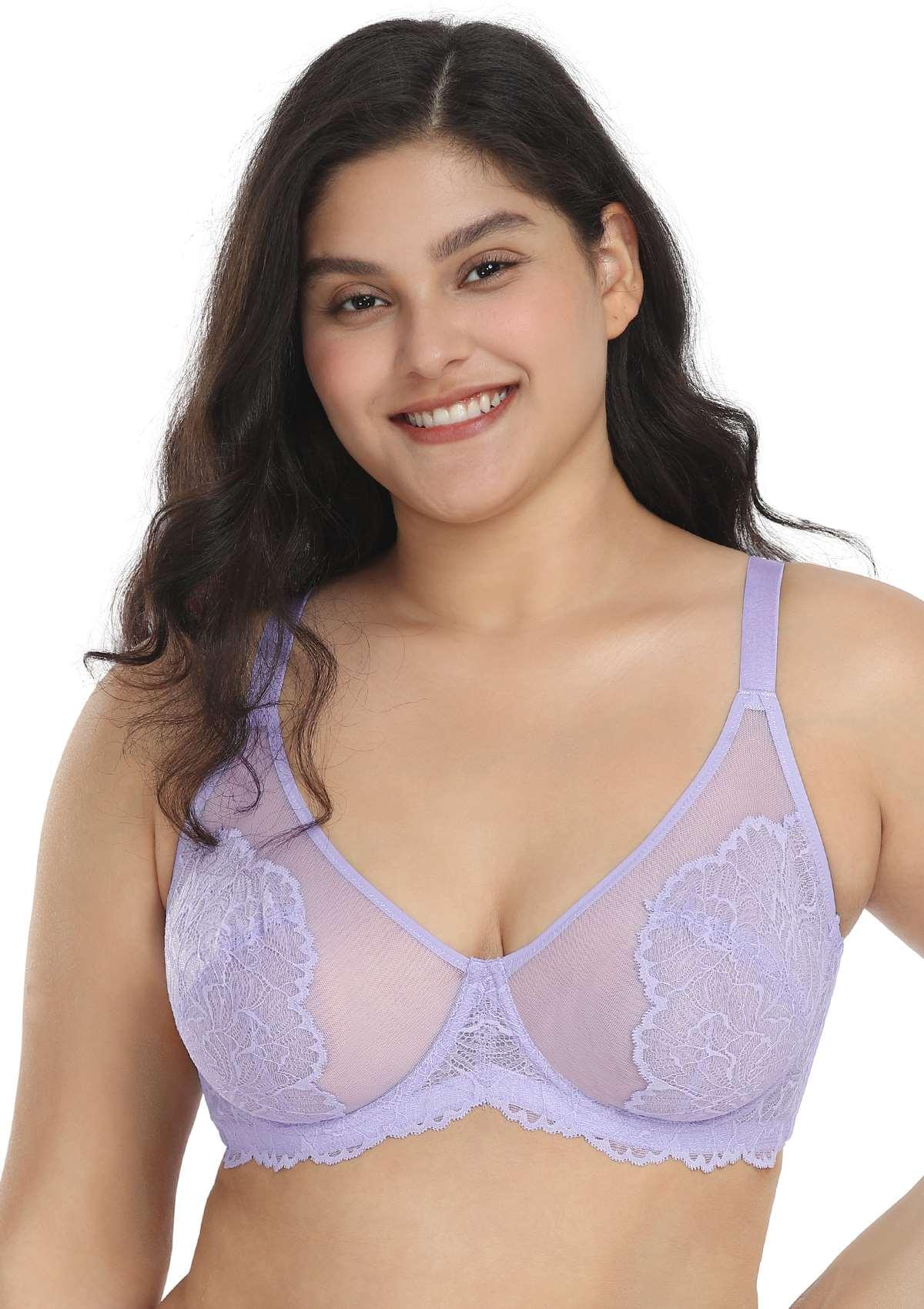 HSIA Blossom Transparent Lace Bra: Plus Size Wired Back Smoothing Bra - Light Purple / 34 / H
