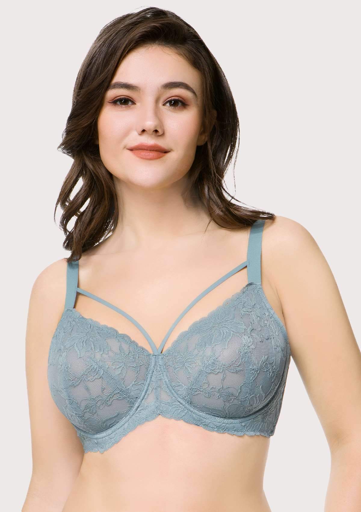 HSIA Pretty In Petals Unlined Lace Bra: Comfortable And Supportive Bra - Crystal Blue / 38 / DDD/F