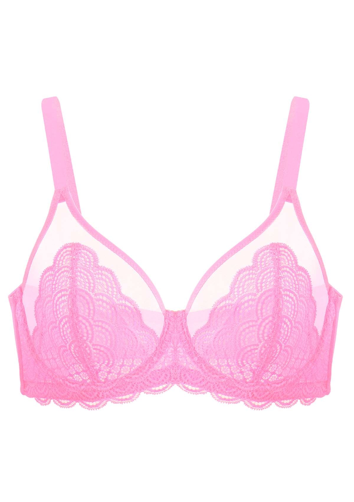 HSIA Mermaid Scales Sheer Lace Bra: Unlined Mesh Bra - No Back Fat Bra - Pink / 34 / H