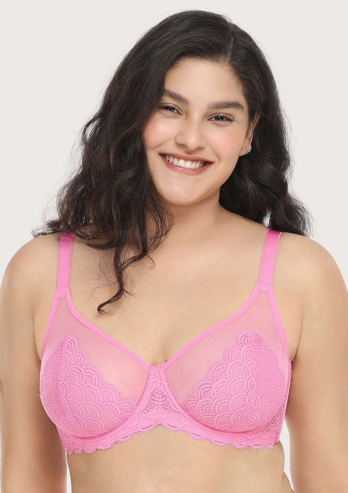 HSIA Mermaid Scales Sheer Lace Bra: Unlined Mesh Bra - No Back Fat Bra - Pink / 34 / G