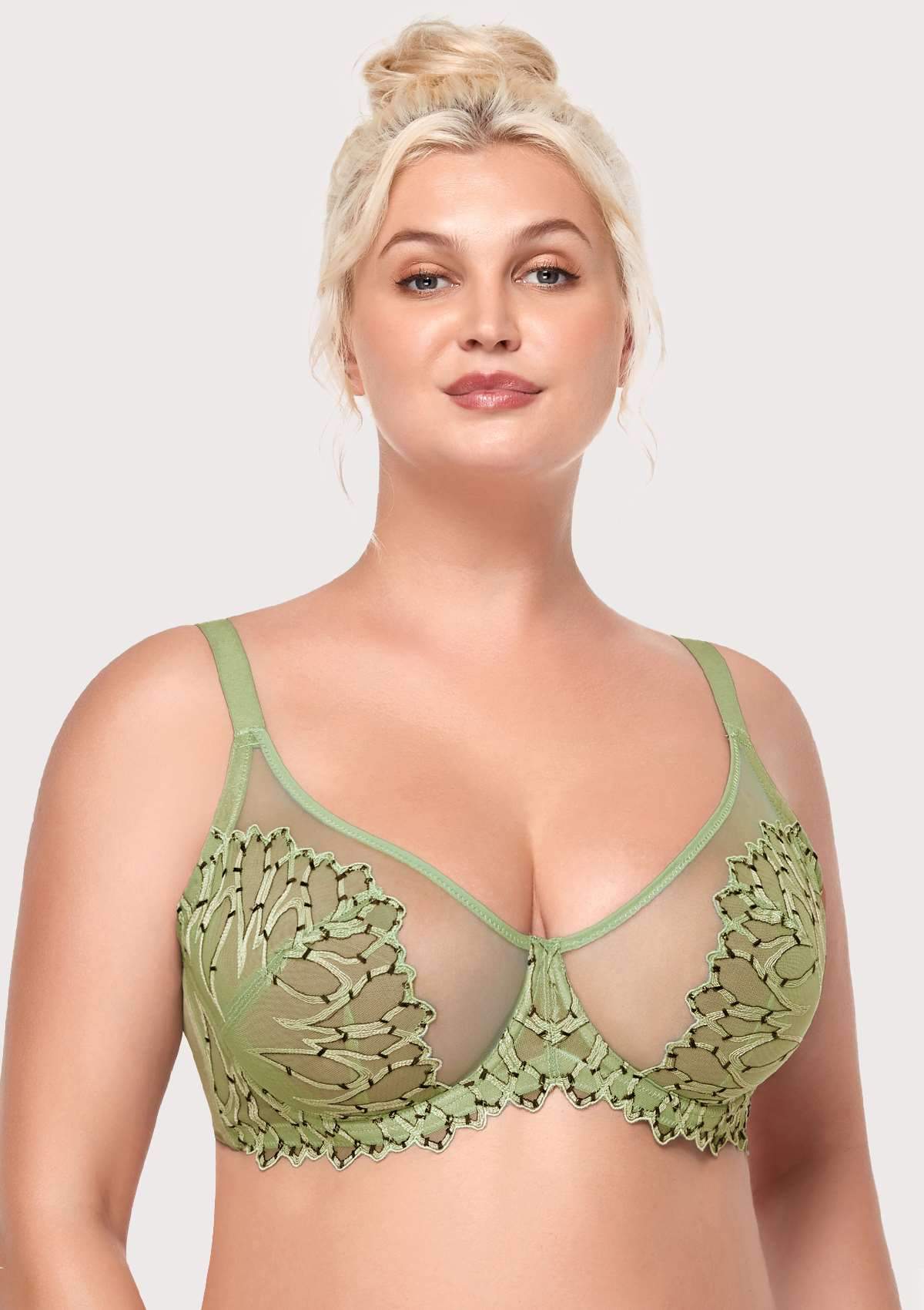HSIA Chrysanthemum Floral Embroidered Bra: Lace Sheer Unpadded Bra - Green / 34 / DD/E