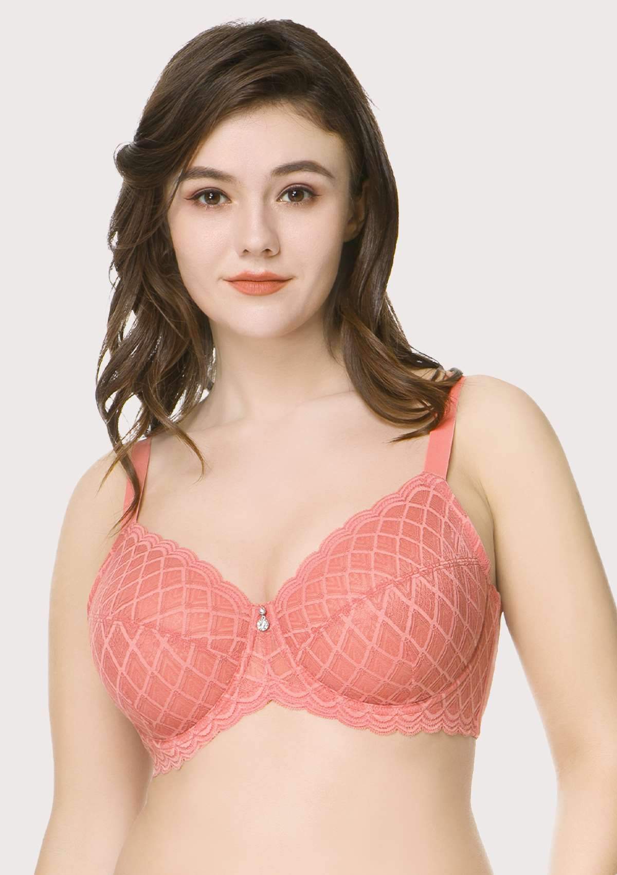 HSIA Plaid Full-Coverage Bra: Soft Bra With Thick Straps - Coral / 42 / D
