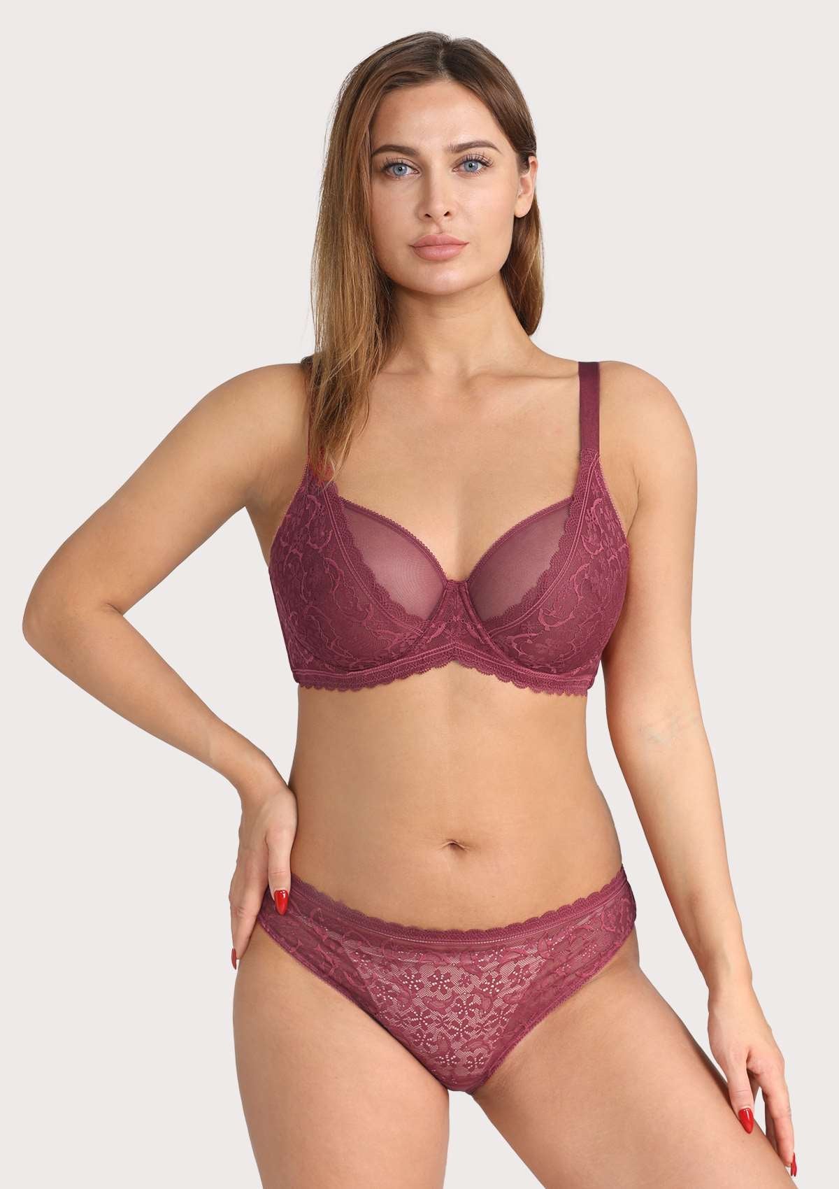 HSIA Anemone Sexy Lace Bra Panty Set: Thick Strap Bra - Burgundy / 38 / DD/E