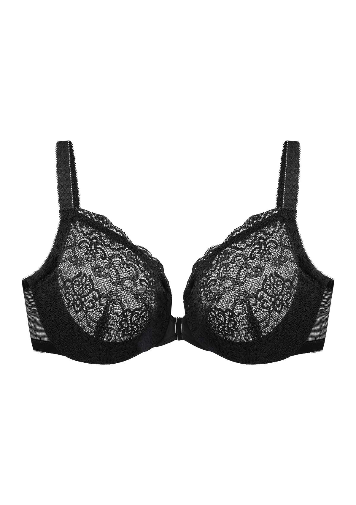 HSIA Nymphaea Front-Close Unlined Retro Floral Lace Back Smoothing Bra - Black / 34 / D