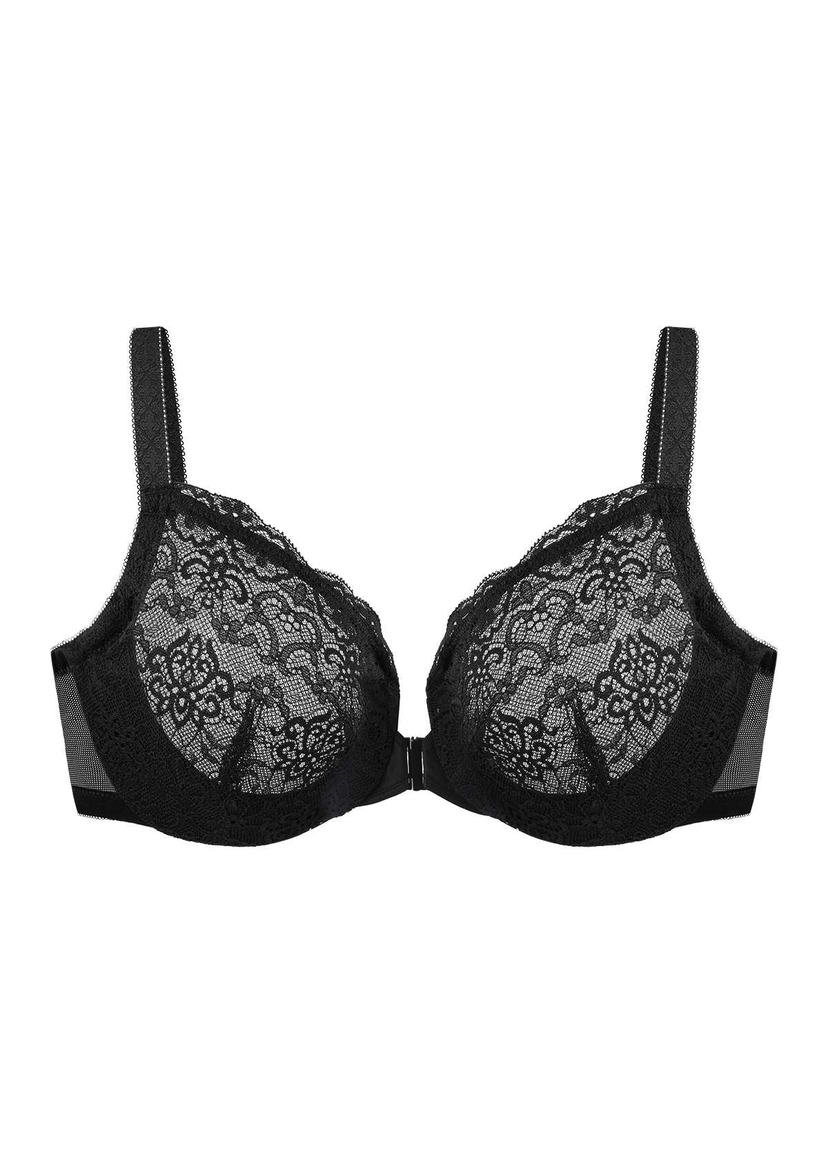 HSIA Nymphaea Front-Close Unlined Retro Floral Lace Back Smoothing Bra - Black / 40 / H