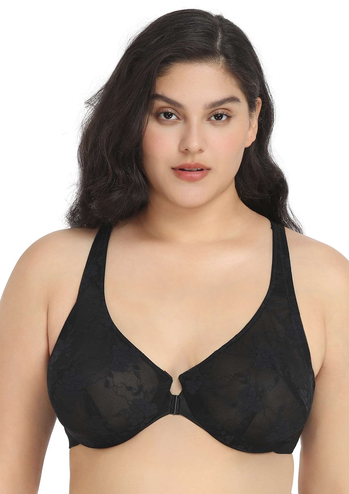 HSIA Spring Romance Front-Close Floral Lace Unlined Full Coverage Bra - Black / 34 / H