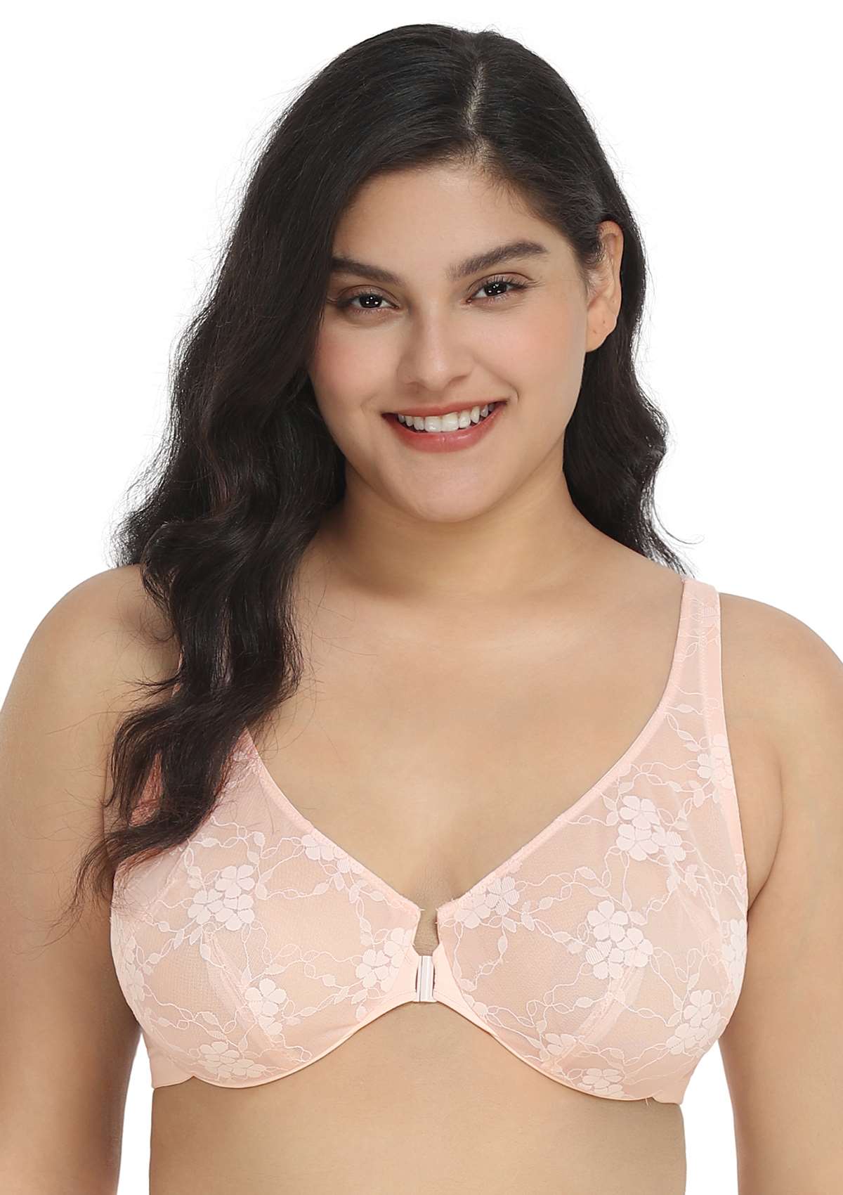 HSIA Spring Romance Front-Close Floral Lace Unlined Full Coverage Bra - Dusty Peach / 34 / G